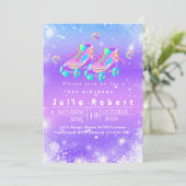Rolschaatsen wintersneeuw Verjaardag roze paarse Kaart (Staand voorkant)
