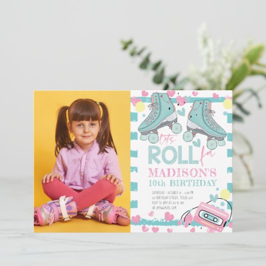 Rolschaatspastel foto meisje verjaardag kaart (Staand voorkant)