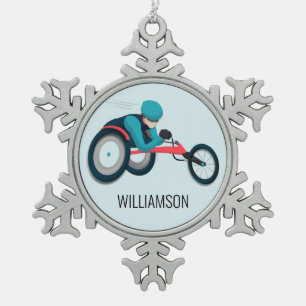 Rolstoel racen tin sneeuwvlok ornament