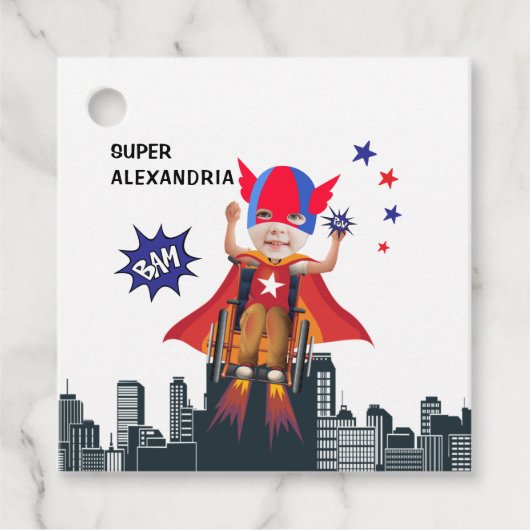 Rolstoel superheld Flying Hero Girl Birthday Bedankjes Labels (Voorkant)