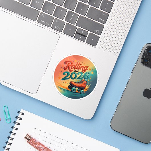 Rolt Naar 2026 Retro Skate Sticker (Laptop met iPhone)
