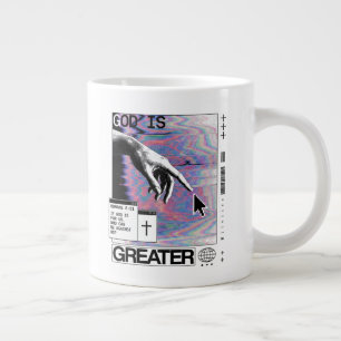 Roma 8:31 Cyberpunk Hand van God Glitch Kunst Grote Koffiekop