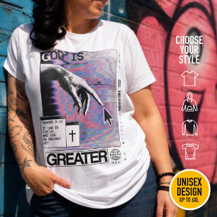 Roma 8:31 Cyberpunk Hand van God Glitch Kunst Grote Maat T-shirt
