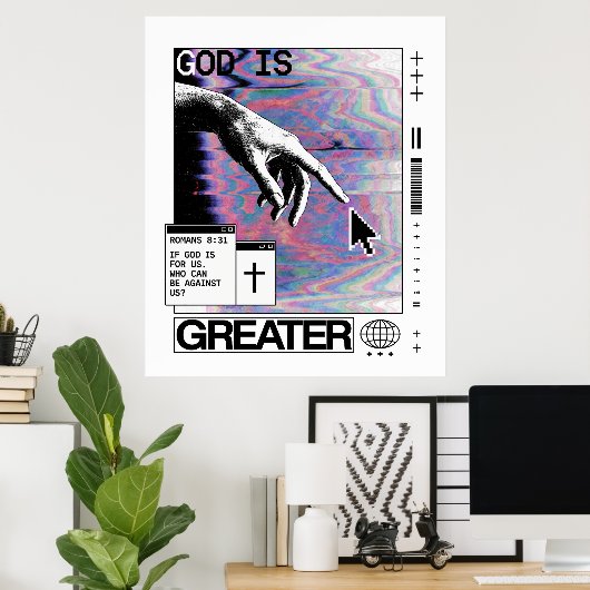 Roma 8:31 Cyberpunk Hand van God Glitch Kunst Poster (Thuiskantoor)