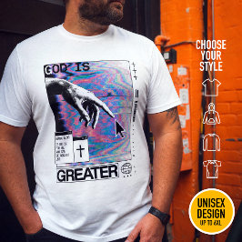 Roma 8:31 Cyberpunk Hand van God Glitch Kunst T-shirt