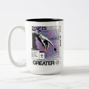 Roma 8:31 Cyberpunk Hand van God Glitch Kunst Tweekleurige Koffiemok