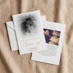 Romaans script kleur foto verloop bruiloft bedankkaart<br><div class="desc">Toon je diepste dankbaarheid aan je vrienden en familie met deze elegante trouwbedankkaart. Het beschikt over een eigen oprechte boodschap van waardering, perfect voor het delen van de vreugde en liefde van uw speciale dag. Aan de voorzijde een zacht gradiënt effect rondom de romantische foto van het gelukkige paar. Deze...</div>