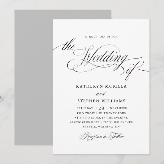 Roman Classic Black Calligraphy Wedding Invitation Kaart (Voorkant / Achterkant)