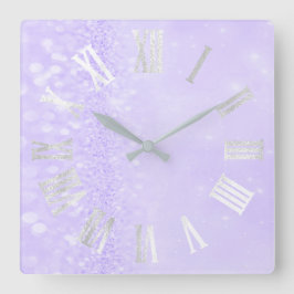 Roman Numbers Silver Gray Lavender Glitter Glam Vierkante Klok