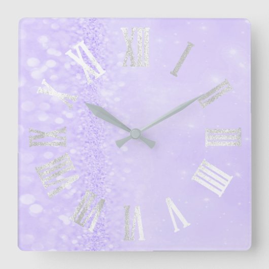 Roman Numbers Silver Gray Lavender Glitter Glam Vierkante Klok (Voorkant)