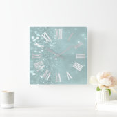 Roman Numbers Silver Gray Teal Mint Glitter Vierkante Klok (Huis)