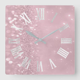 Roman Numbers Zilver Gray Pink Glitter Glam Vierkante Klok