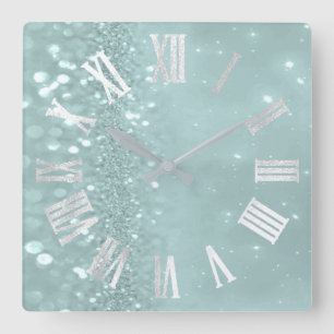 Roman Numbers Zilver Grey Blauwgroen Mint Glitter Vierkante Klok