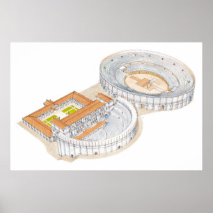 Roman theater en amfitheater. Wederopbouw. Poster