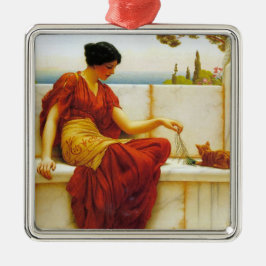 Roman Vrouw die met haar Favoriete Kat speelt Metalen Ornament