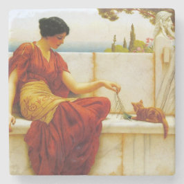 Roman Vrouw die met haar Favoriete Kat speelt Stenen Onderzetter