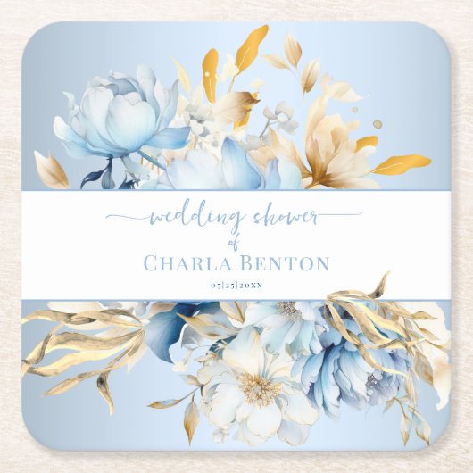 Romance Blue Floral Gold Wedding Shower Kartonnen Onderzetters (Voorkant)