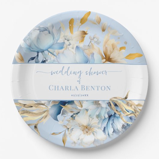 Romance Blue Floral Gold Wedding Shower Papieren Bordje (Voorkant)
