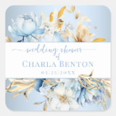 Romance Blue Floral Gold Wedding Shower Vierkante Sticker (Voorkant)