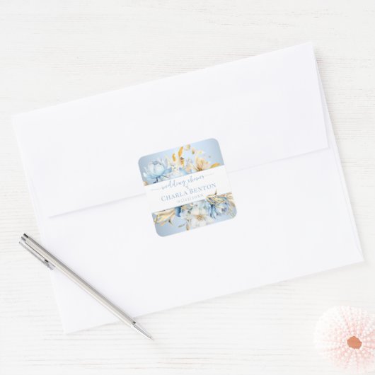 Romance Blue Floral Gold Wedding Shower Vierkante Sticker (Envelop)