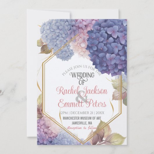 Romance Blue Hydrangea Blooms Wedding Gold Lijst Kaart (Voorkant)
