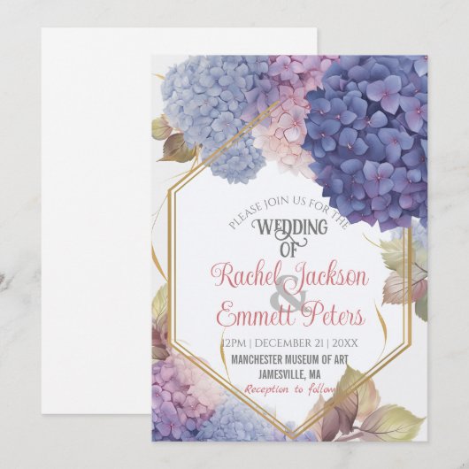 Romance Blue Hydrangea Blooms Wedding Gold Lijst Kaart (Voorkant / Achterkant)
