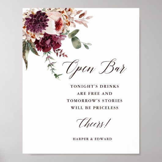 Romance Floral Wedding Open Bar Poster (Voorkant)