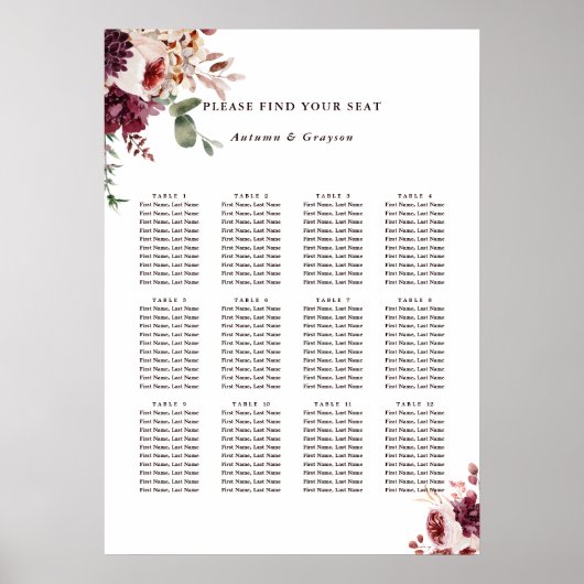 Romance Floral Wedding Seating Chart Poster (Voorkant)