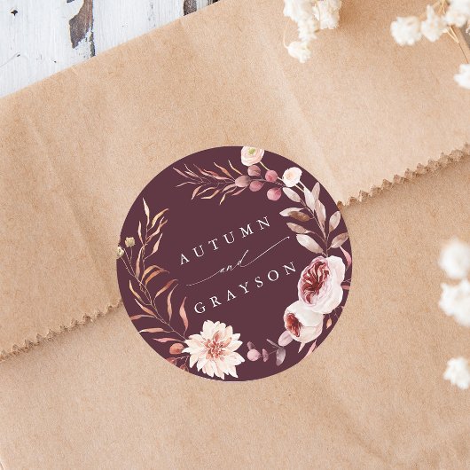 Romance Floral Wreath Wedding Burgundy Ronde Sticker