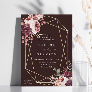 Romance Gold Geometric Burgundy Wedding Kaart