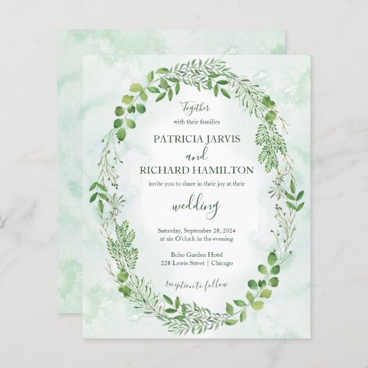 Romance Greenery Budget Wedding Invitations (Voorkant / Achterkant)