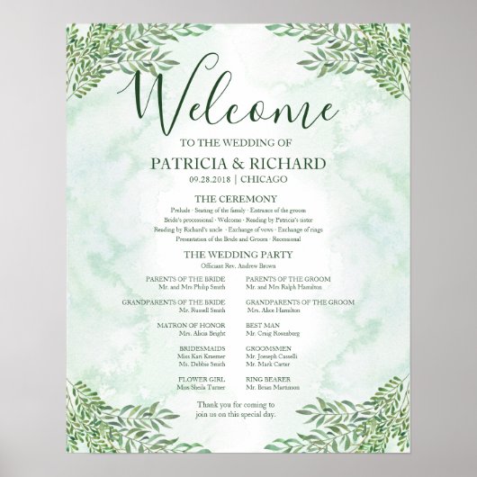 Romance Greenery Wedding Ceremony Program Board Poster (Voorkant)