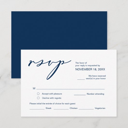 Romance, Navy Blue Calligraphy ,Wedding RSVP Informatiekaartje (Voorkant / Achterkant)