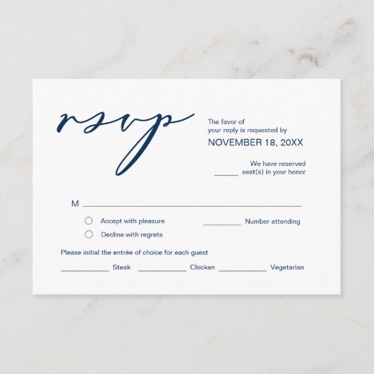 Romance, Navy Blue Calligraphy ,Wedding RSVP Informatiekaartje (Voorkant)