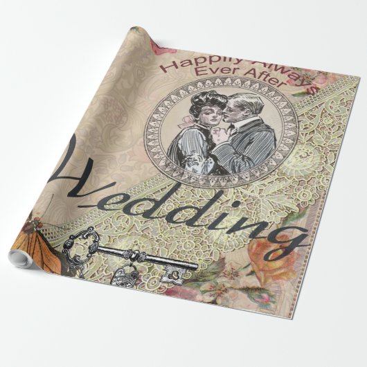  Romance paar: Antiek Rozen Girly Love Cadeaupapier (Uitgerold)