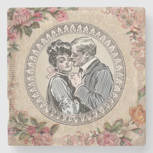  Romance paar: Antiek Rozen Girly Love Stenen Onderzetter (Voorkant)