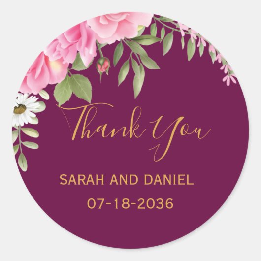 Romance Plum met roze Roses Wedding Dank je Ronde Sticker (Voorkant)