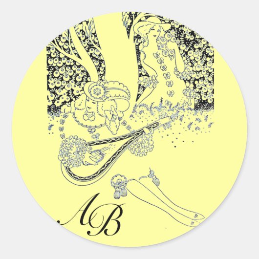 ROMANCE, ROMANTISCHE LOVERS ZWARTE GEEL MONOGRAM RONDE STICKER (Voorkant)