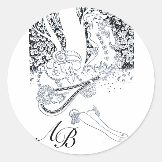 ROMANCE/ROMANTISCHE LOVERS ZWARTE WITTE MONOGRAM RONDE STICKER (Voorkant)