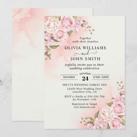 Romance  Roze Roze Witte Achtergrond Invitat Kaart (Voorkant / Achterkant)