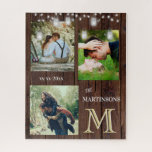 Romance - Rustige aangepaste monogram - Lichten Legpuzzel<br><div class="desc">Deze puzzels zouden net zo gemakkelijk LOVE kunnen uitspreiden — met een rustige houtextuur achtergrond; twinkelende lichten; drie van je prachtige foto's — een datum — een familienaam en een UNIQUE LAYERING VAN DE MONOGRAM — kijken goed en je ziet drie kleuren, die het gevoel van diepte geven. Deze prachtige...</div>