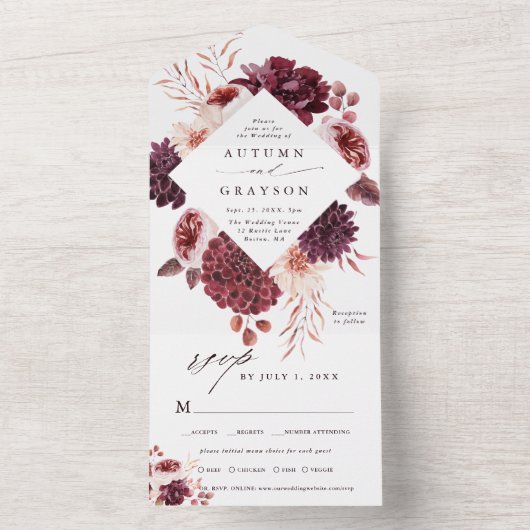 Romance Waterverf Floral Wedding All In One Uitnodiging (Binnen)