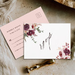 Romance Waterverf Floral Wedding RSVP Briefkaart<br><div class="desc">Dit bruiloft rsvp briefkaart is voorzien van waterverf bloesems van dahlias,  tuinbouten,  rozen en pony's in Bourgogne,  maroon,  wazig roze over herfstbladeren. Voor meer geavanceerde aanpassing van dit ontwerp,  te klikken gelieve de BUTTON van het TOOL VAN HET ONTWERP BLAUW. Overeenkomende objecten zijn ook beschikbaar.</div>