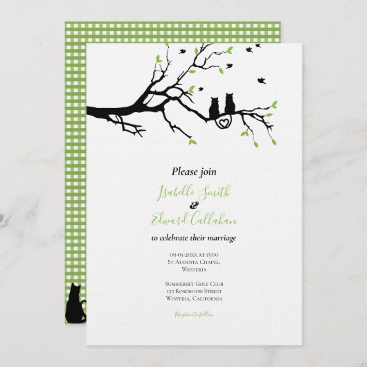 Romancing Black Cats in Tree Green Gingham Wedding Kaart (Voorkant / Achterkant)