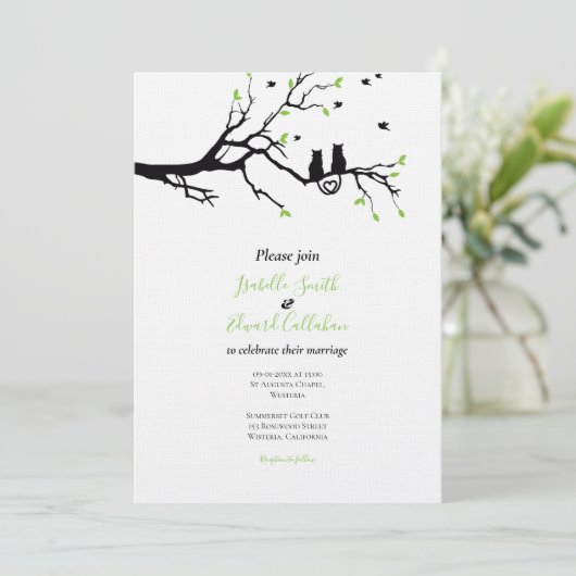 Romancing Black Cats in Tree Green Gingham Wedding Kaart (Staand voorkant)