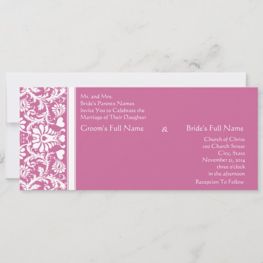 Romanitc Pink Damask Swirls Wedding Invitation Kaart (Voorkant)