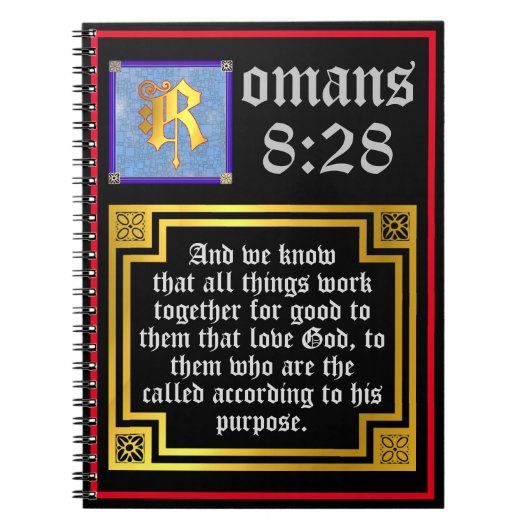 Romans 828 Gold Illuminated Letter KJV Bijbelversi Notitieboek (Voorkant)