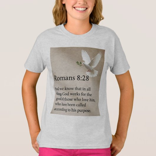 Romans 8:28 Bible Verse Girl's Tee Shirt (Voorkant)