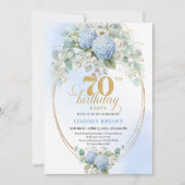 Romantic 70th Birthday Blue Floral Gold Invitation Kaart (Voorkant)