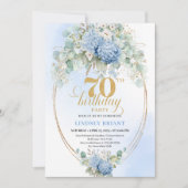 Romantic 70th Birthday Blue Floral Gold Invitation Kaart (Voorkant)